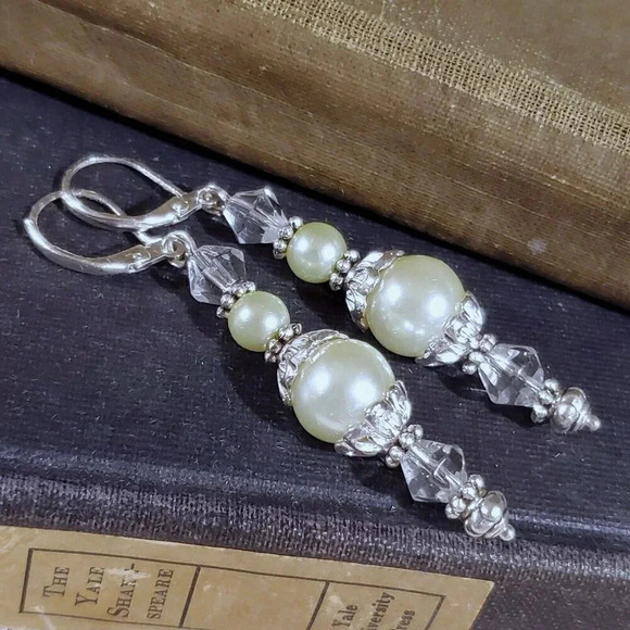 Lt Yellow Green Glass Pearl Sterling Silver Plate Handcrafted Dangle Earrings - Picture 8 of 11